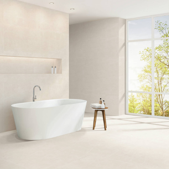 Διακόσμηση σύγχρονου χώρου με το πλακάκι Keros Ferrara Beige 60×120 εγκατεστημένο στο πάτωμα και στον τοίχο