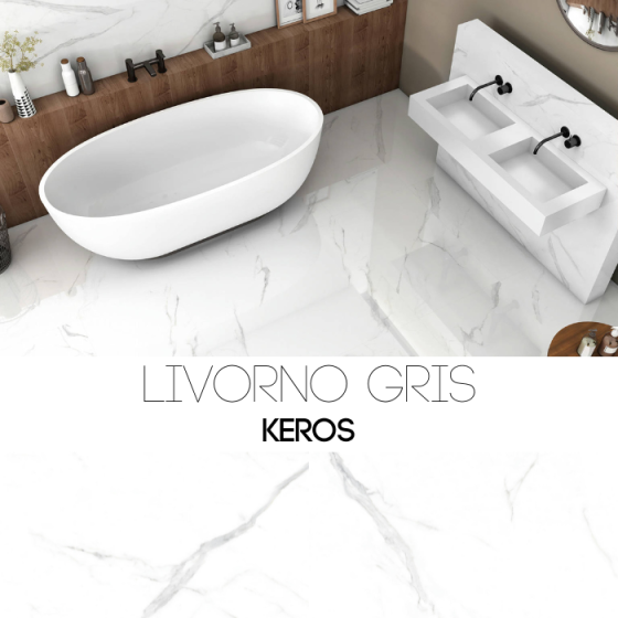 Keros Livorno Gris 60×120 γυαλιστερό πορσελανάτο πλακάκι σε εφαρμογή σε χώρο με δείγματα μοτίβων