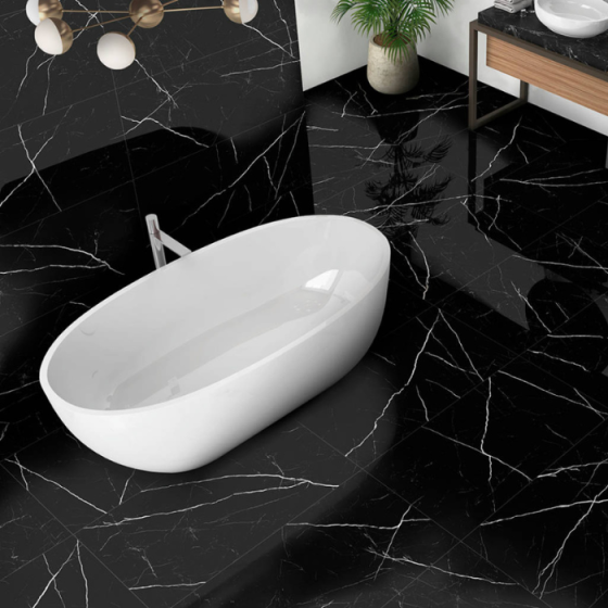 Keros Marquina Negro 60×120 γυαλιστερό πορσελανάτο πλακάκι σε εφαρμογή σε χώρο με δείγματα μοτίβων