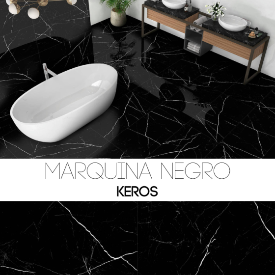 Keros Marquina Negro 60×120 γυαλιστερό πορσελανάτο πλακάκι σε εφαρμογή σε χώρο με δείγματα μοτίβων