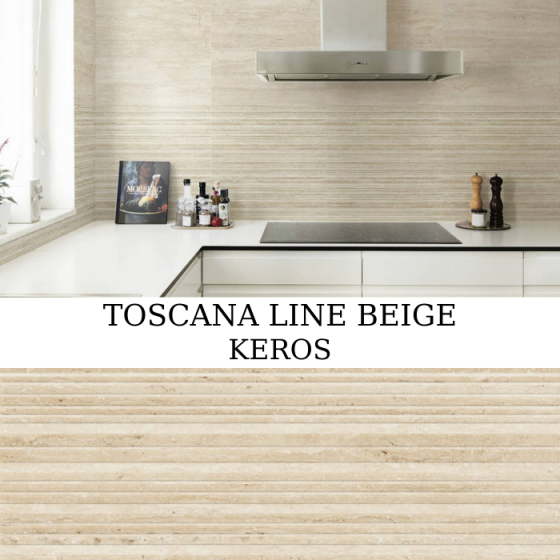 Κεραμικό πλακάκι τοίχου με ματ μαρμάρινη όψη, κυματιστό ανάγλυφο σχέδιο και ζεστή μπεζ απόχρωση από τη σειρά Toscana της KEROS.